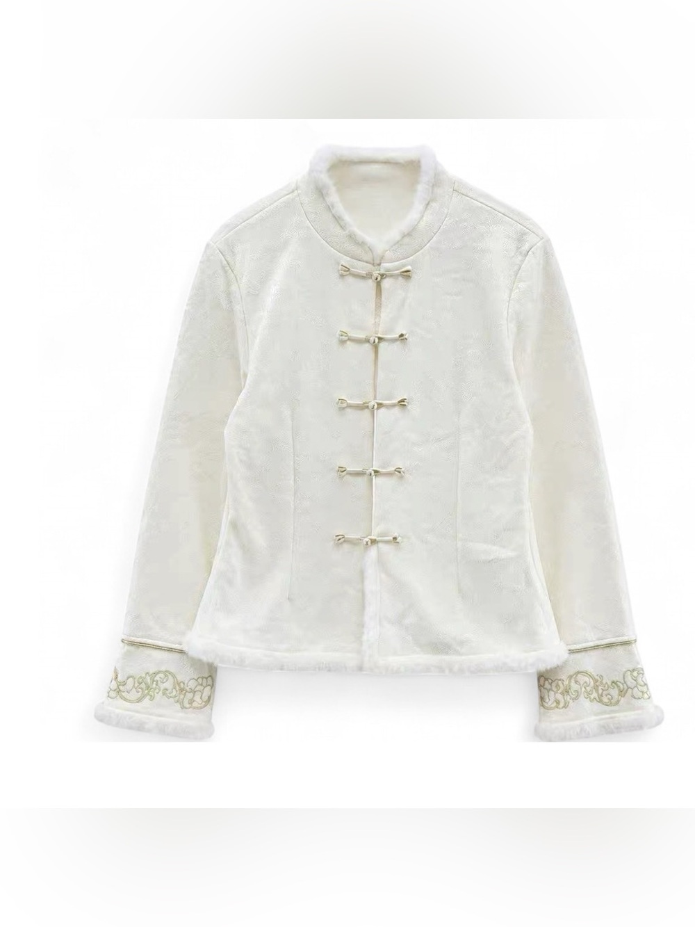 Ivory Mandarin-Collar Trench Coat with Embroidered Cuffs